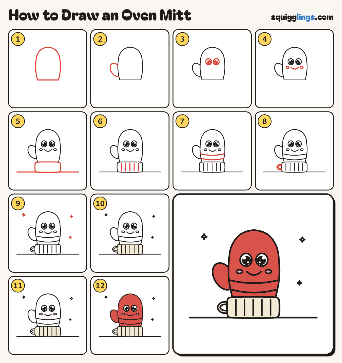 How to Draw an Oven Mitt step by step: all 12 steps in one picture
