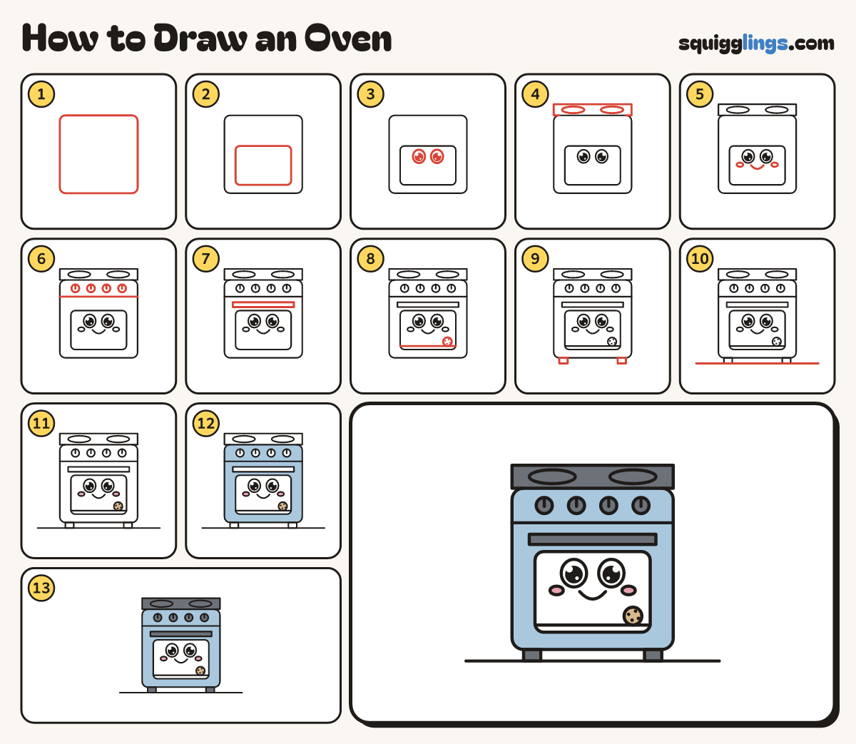 How to Draw an Oven step by step: all 13 steps in one picture