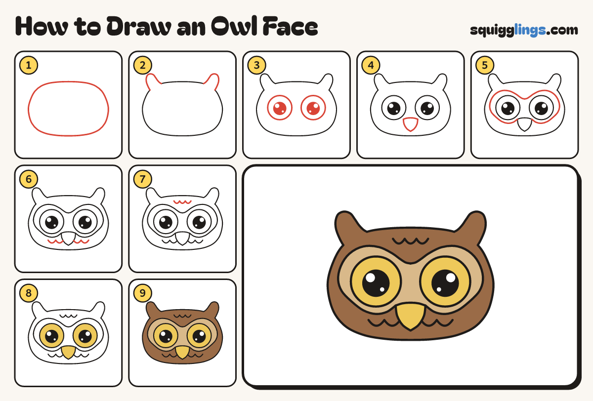 How to Draw an Owl Face step by step: all 9 steps in one picture
