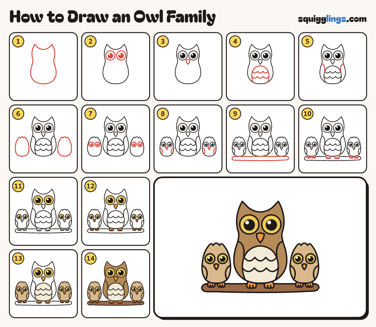 How to Draw an Owl Family step by step: all 14 steps in one picture