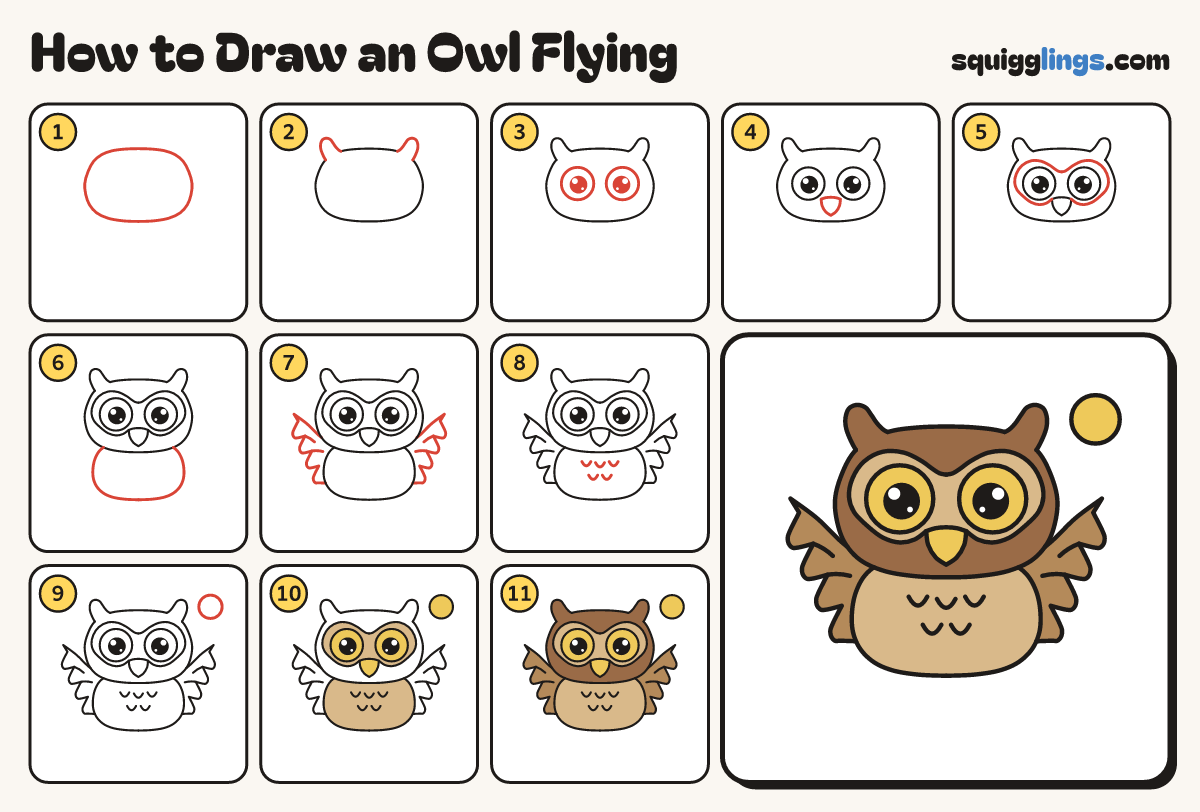 How to Draw an Owl Flying step by step: all 11 steps in one picture