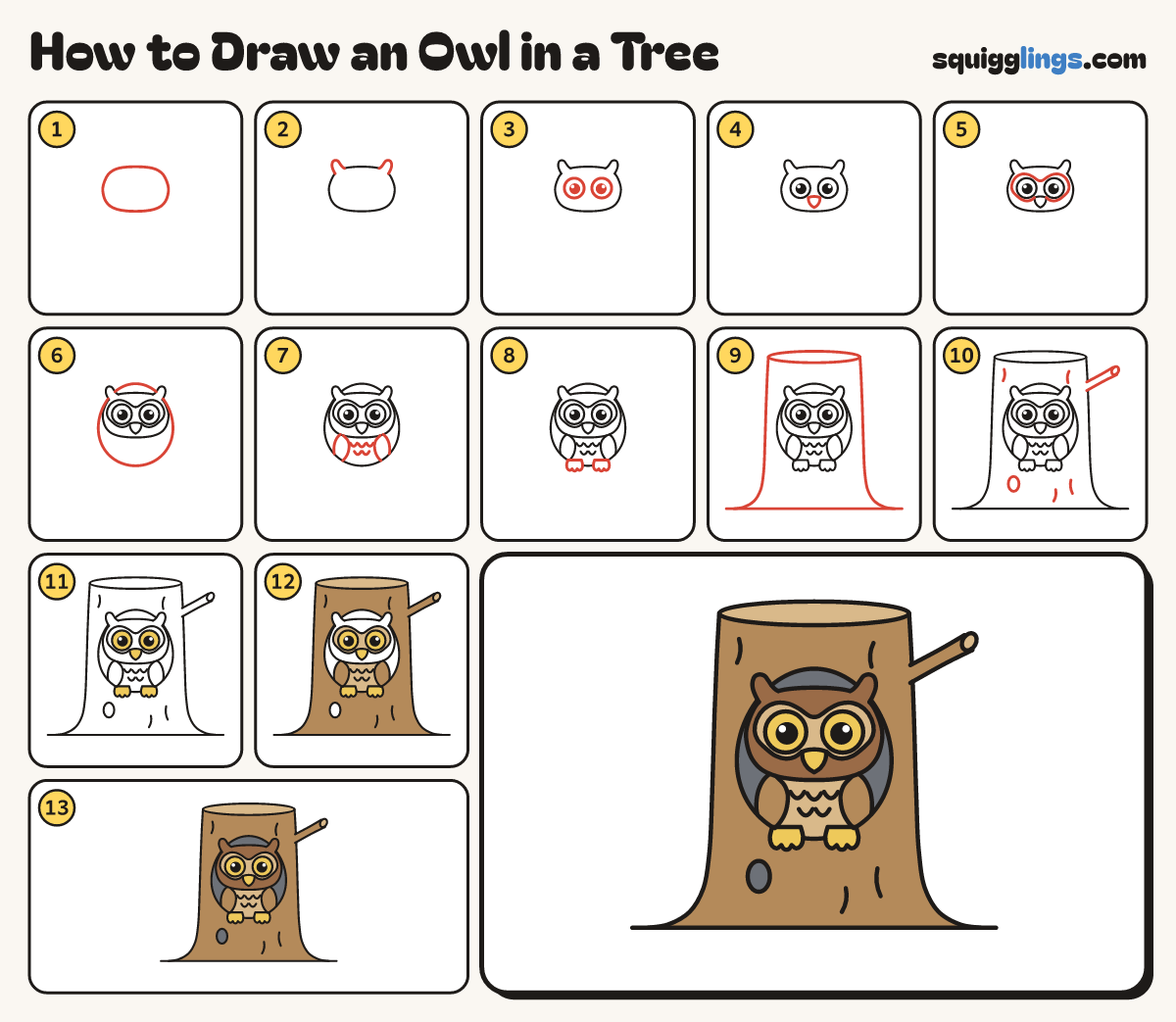How to Draw an Owl in a Tree step by step: all 13 steps in one picture