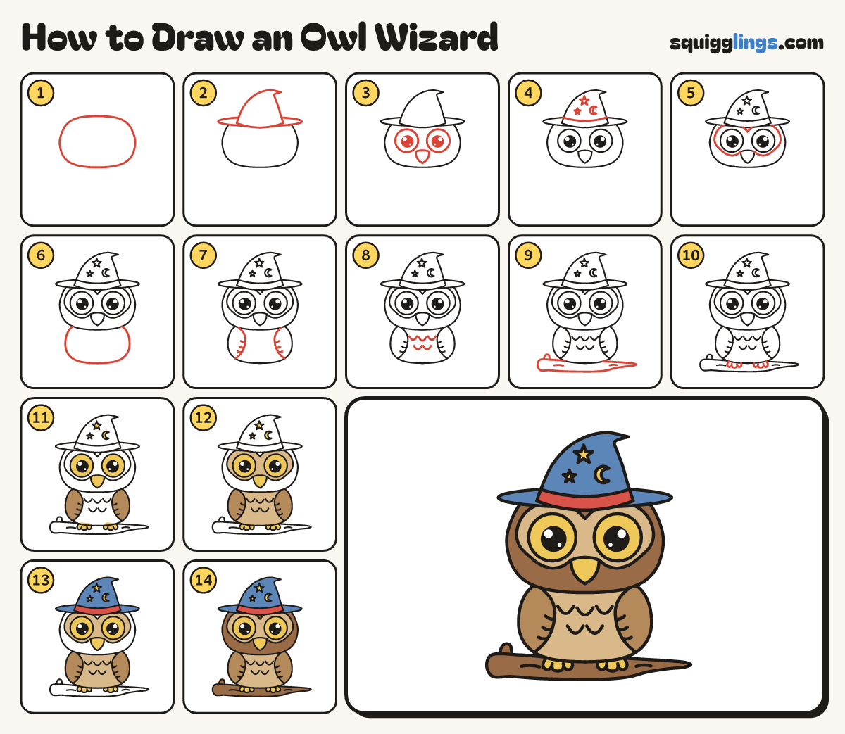 How to Draw an Owl Wizard step by step: all 14 steps in one picture
