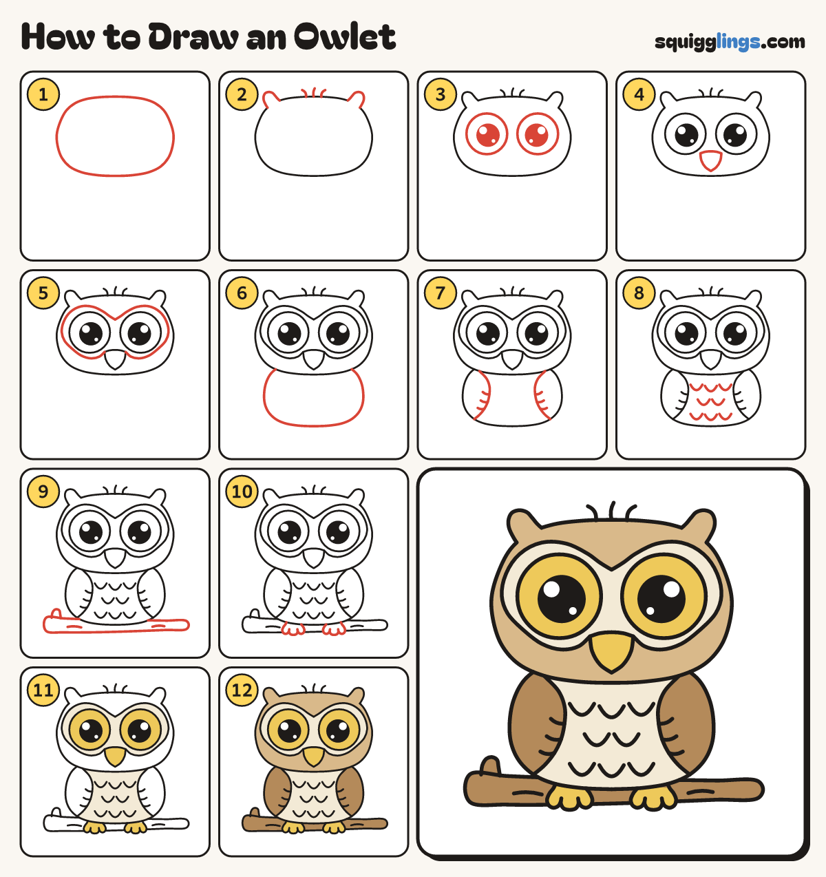 How to Draw an Owlet step by step: all 12 steps in one picture