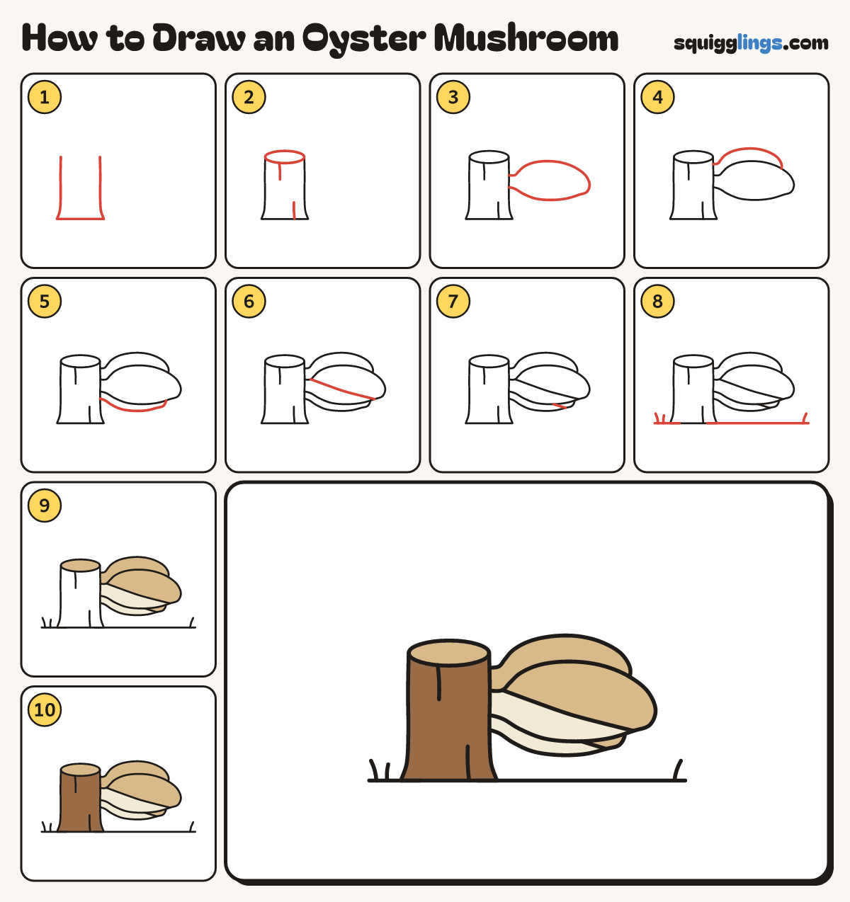 How to Draw an Oyster Mushroom step by step: all 10 steps in one picture