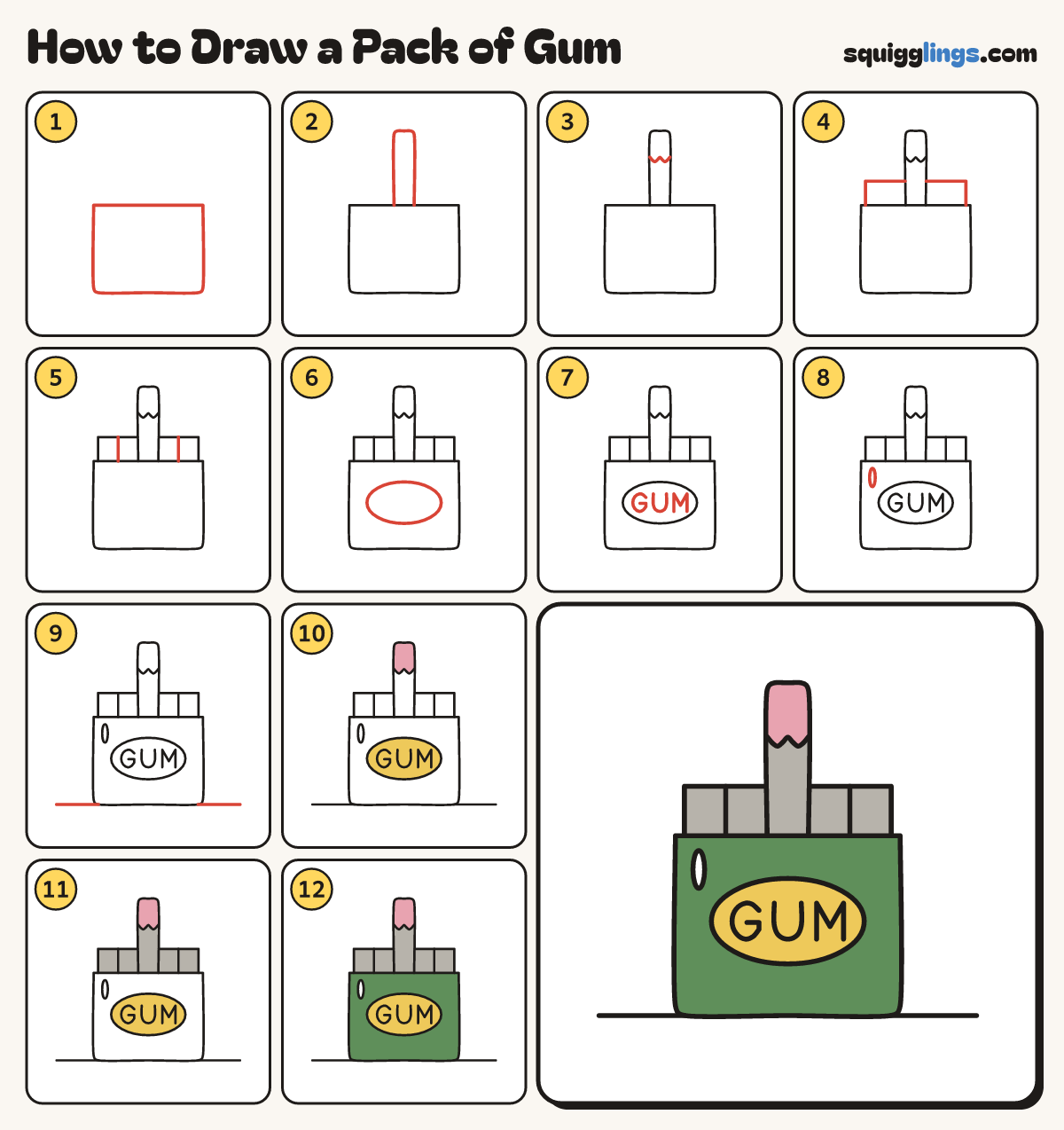 How to Draw a Pack of Gum step by step: all 12 steps in one picture