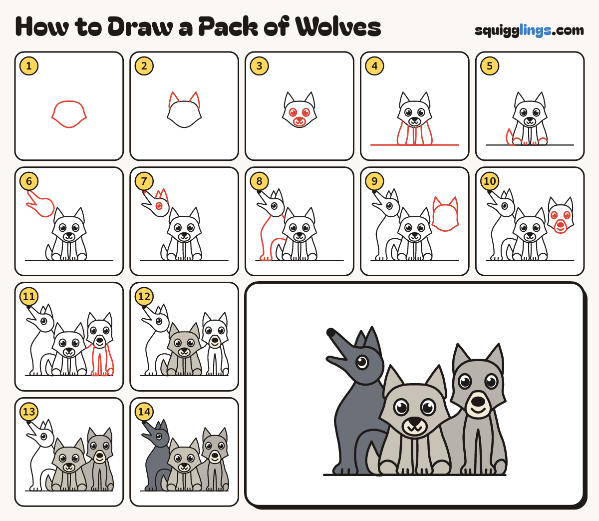 How to Draw a Pack of Wolves step by step: all 14 steps in one picture