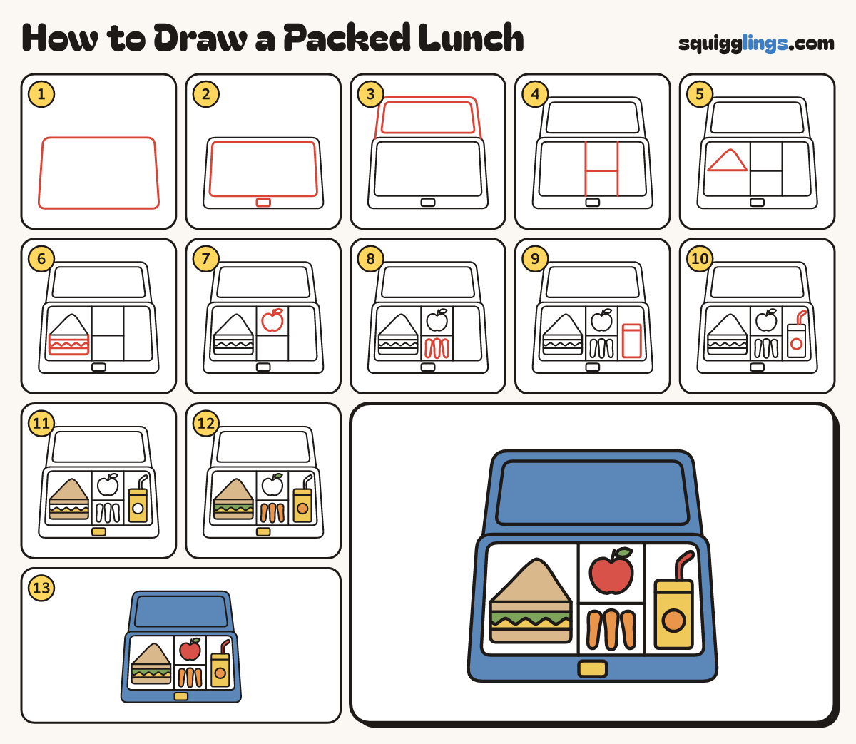 How to Draw a Packed Lunch step by step: all 13 steps in one picture