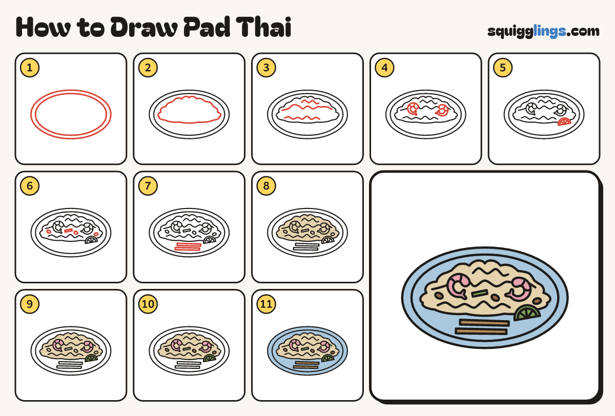 How to Draw Pad Thai step by step: all 11 steps in one picture