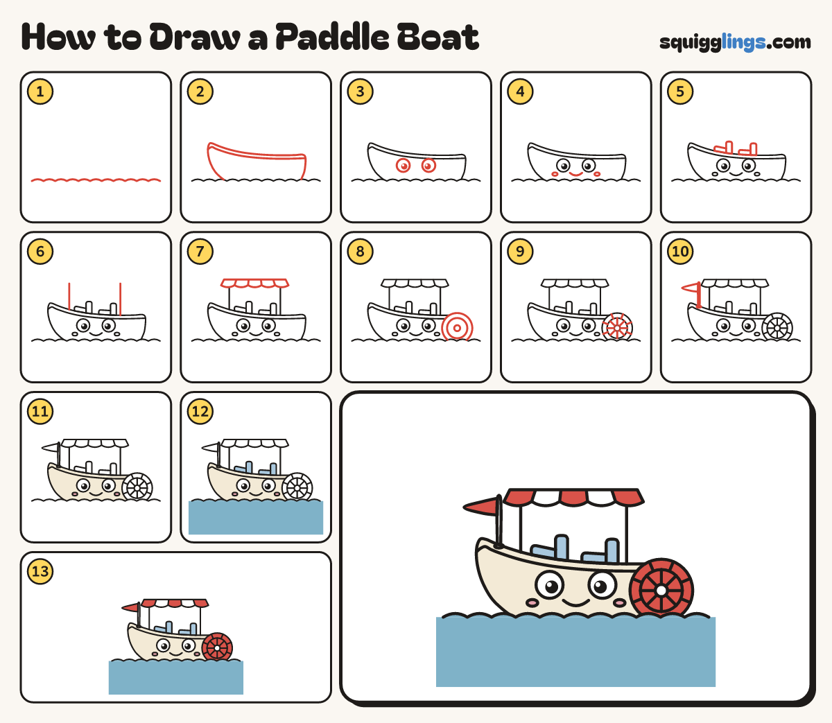 How to Draw a Paddle Boat step by step: all 13 steps in one picture