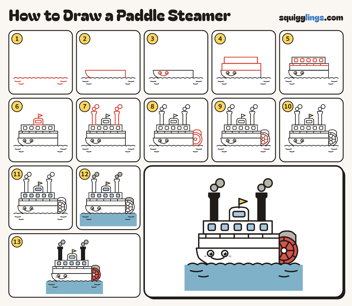 How to Draw a Paddle Steamer step by step: all 13 steps in one picture