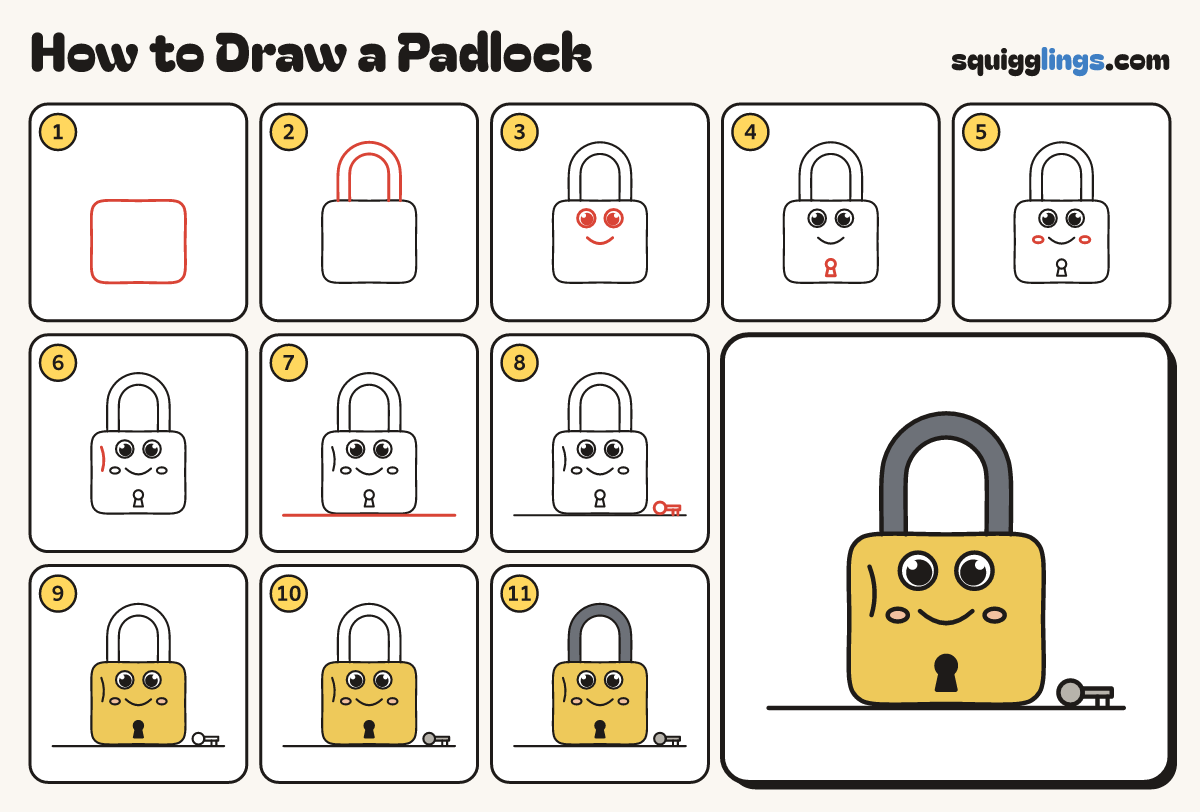How to Draw a Padlock step by step: all 11 steps in one picture