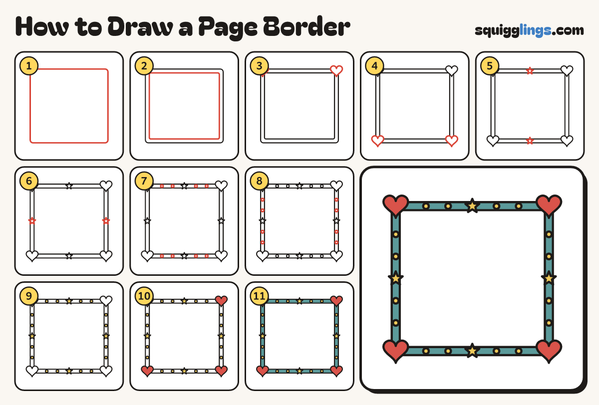 How to Draw a Page Border step by step: all 11 steps in one picture