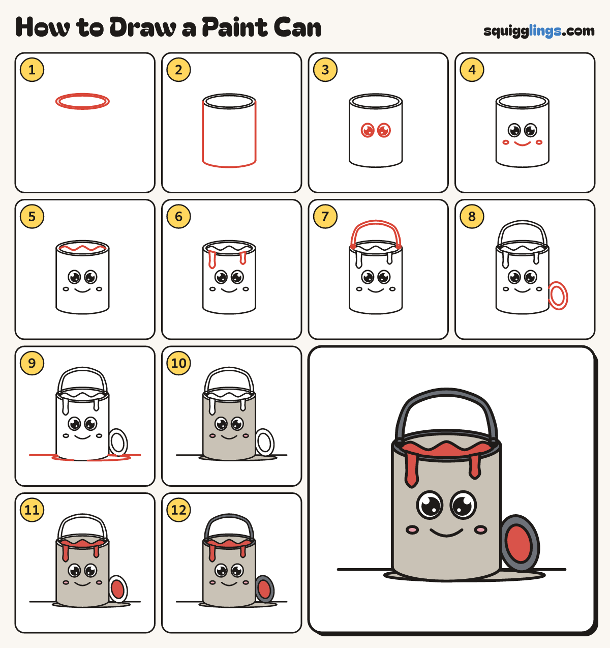 How to Draw a Paint Can step by step: all 12 steps in one picture
