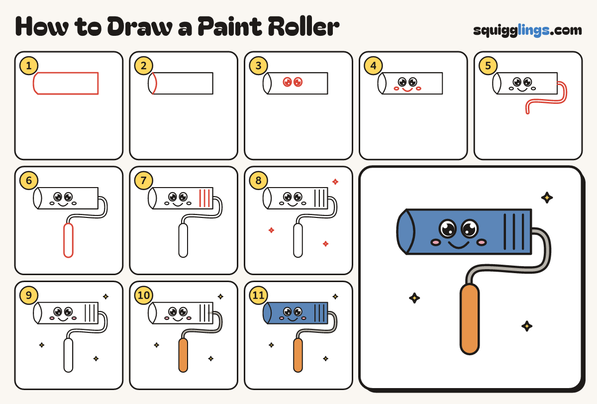 How to Draw a Paint Roller step by step: all 11 steps in one picture