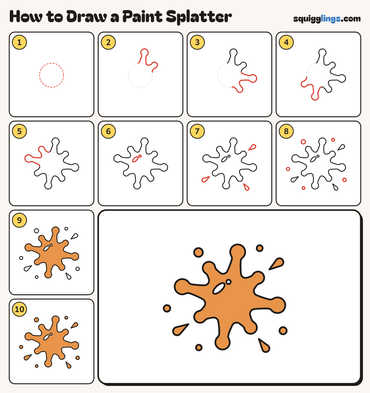 How to Draw a Paint Splatter step by step: all 10 steps in one picture