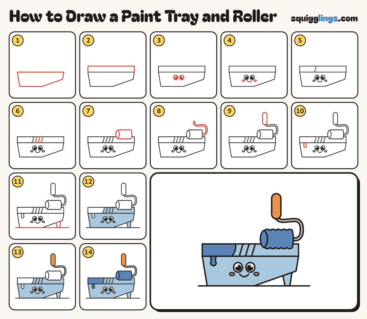 How to Draw a Paint Tray and Roller step by step: all 14 steps in one picture