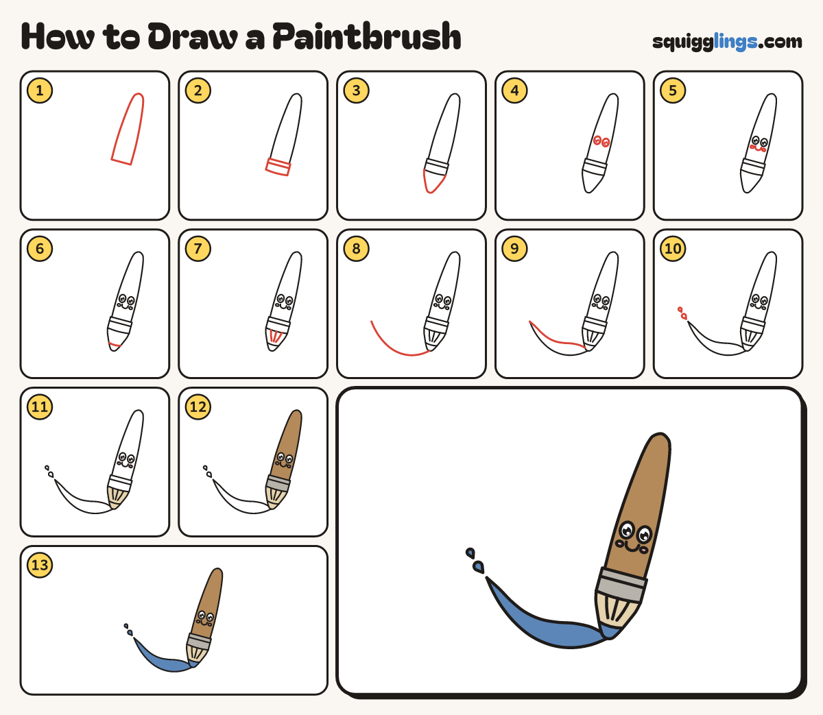 How to Draw a Paintbrush step by step: all 13 steps in one picture