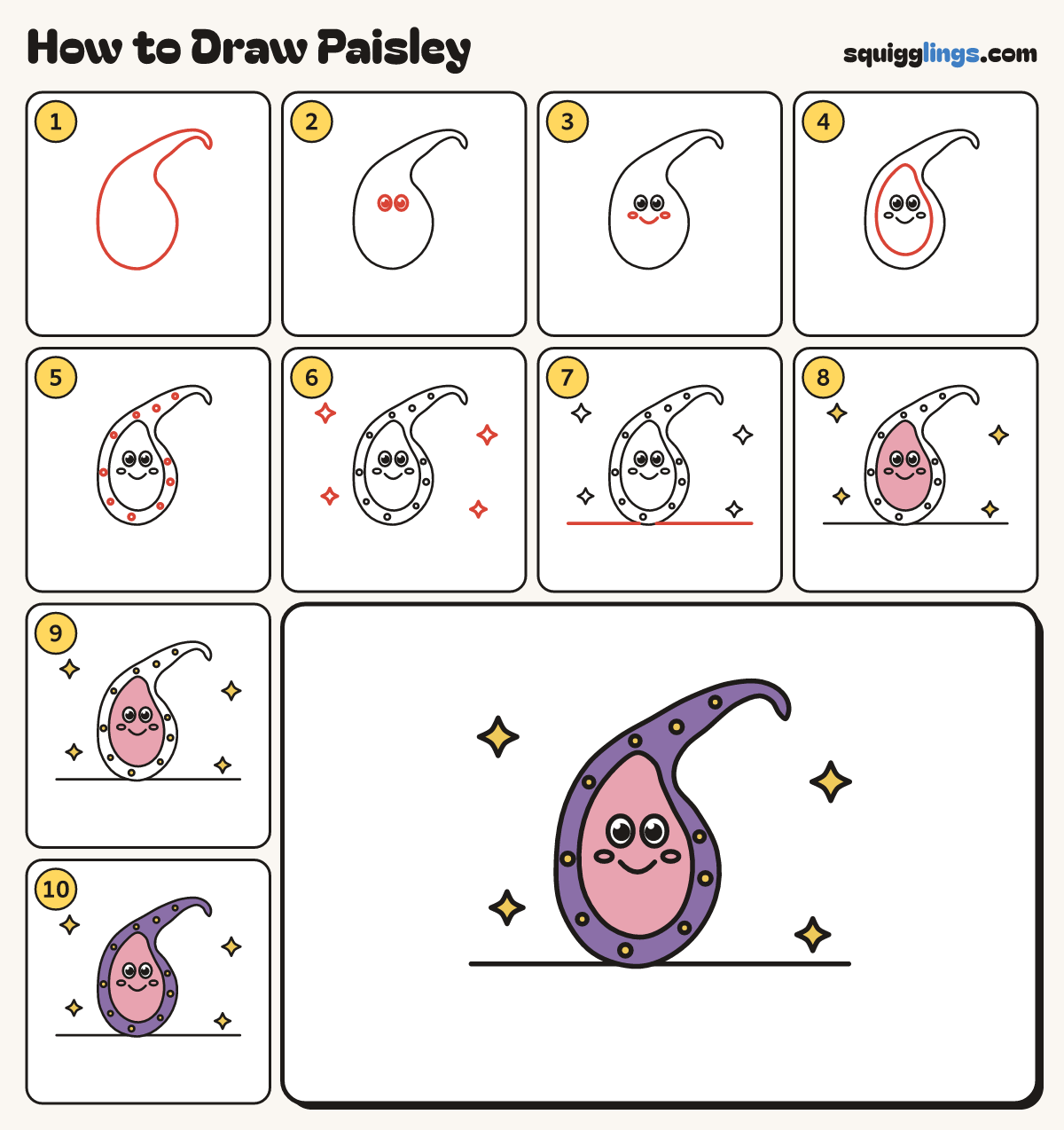 How to Draw Paisley step by step: all 10 steps in one picture