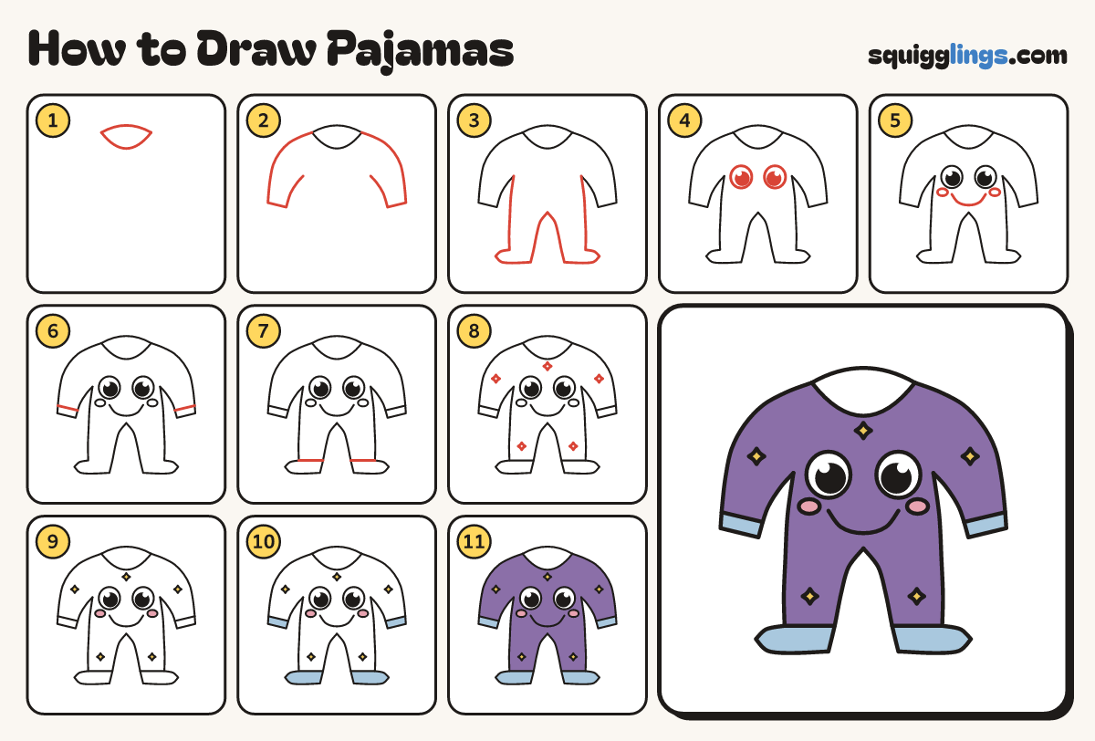 How to Draw Pajamas step by step: all 11 steps in one picture