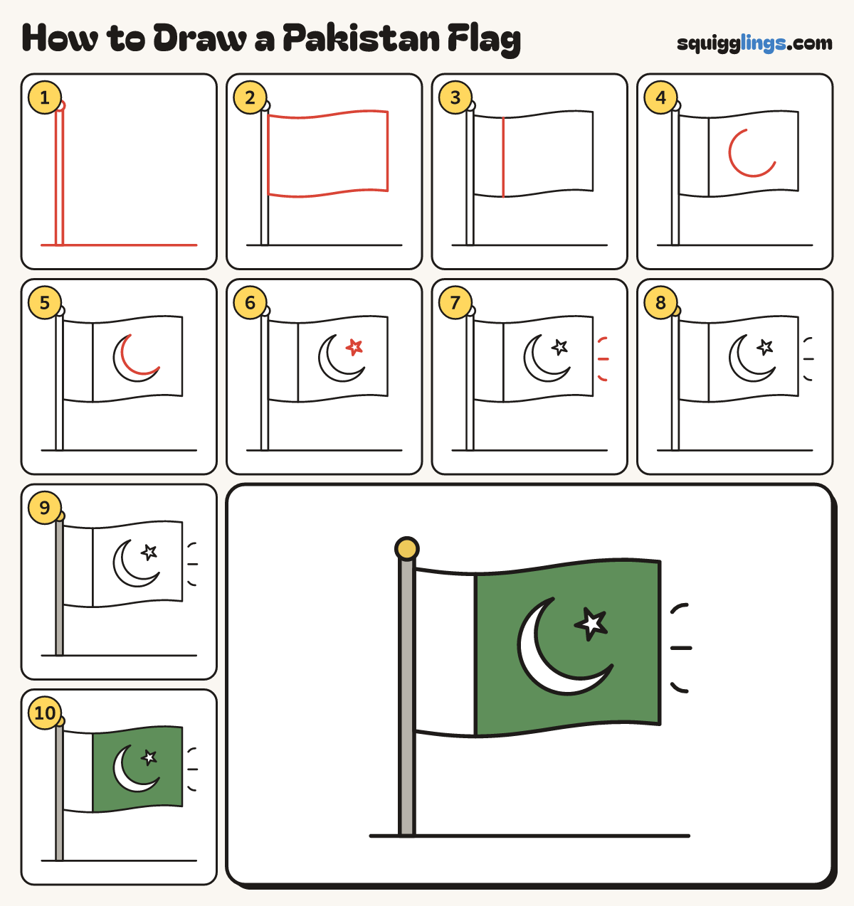 How to Draw a Pakistan Flag step by step: all 10 steps in one picture