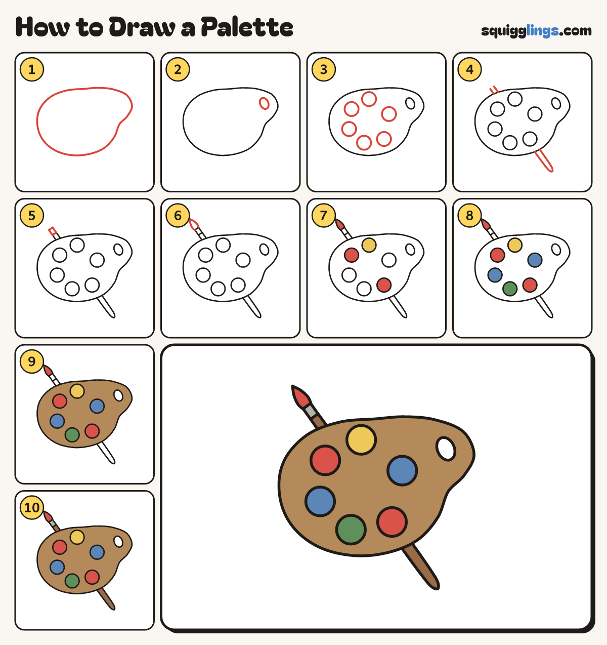 How to Draw a Palette step by step: all 10 steps in one picture