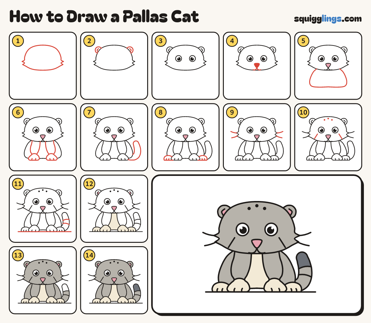 How to Draw a Pallas Cat step by step: all 14 steps in one picture