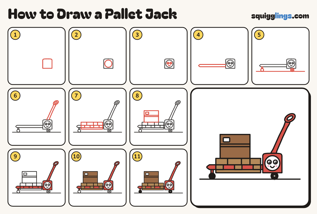 How to Draw a Pallet Jack step by step: all 11 steps in one picture