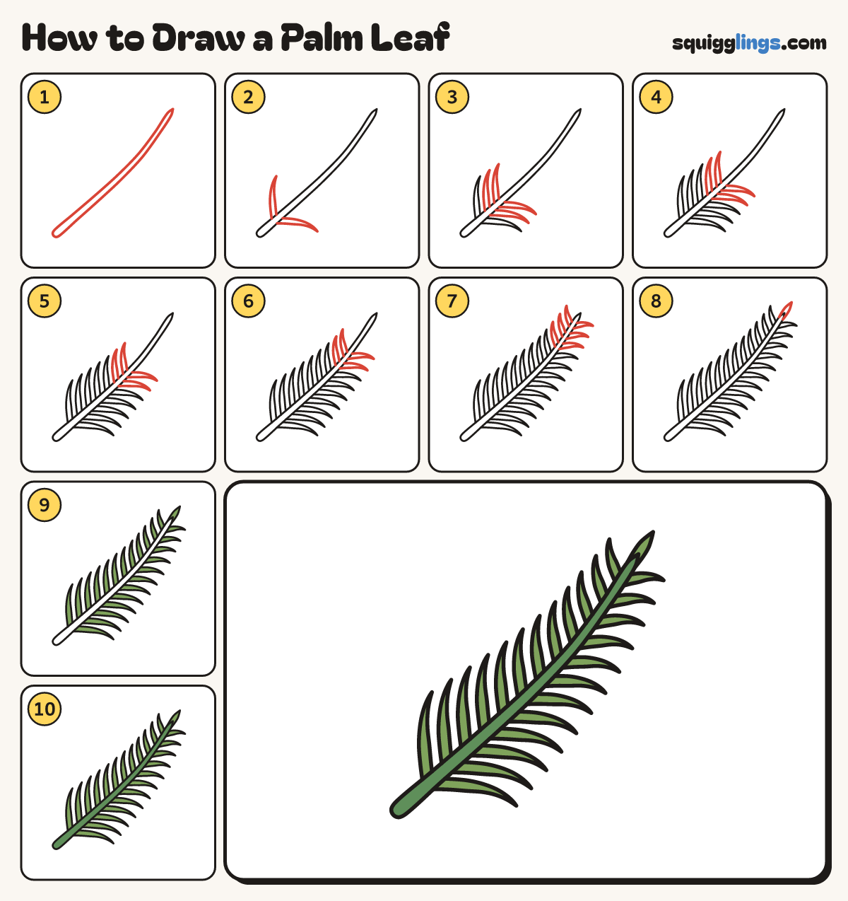 How to Draw a Palm Leaf step by step: all 10 steps in one picture