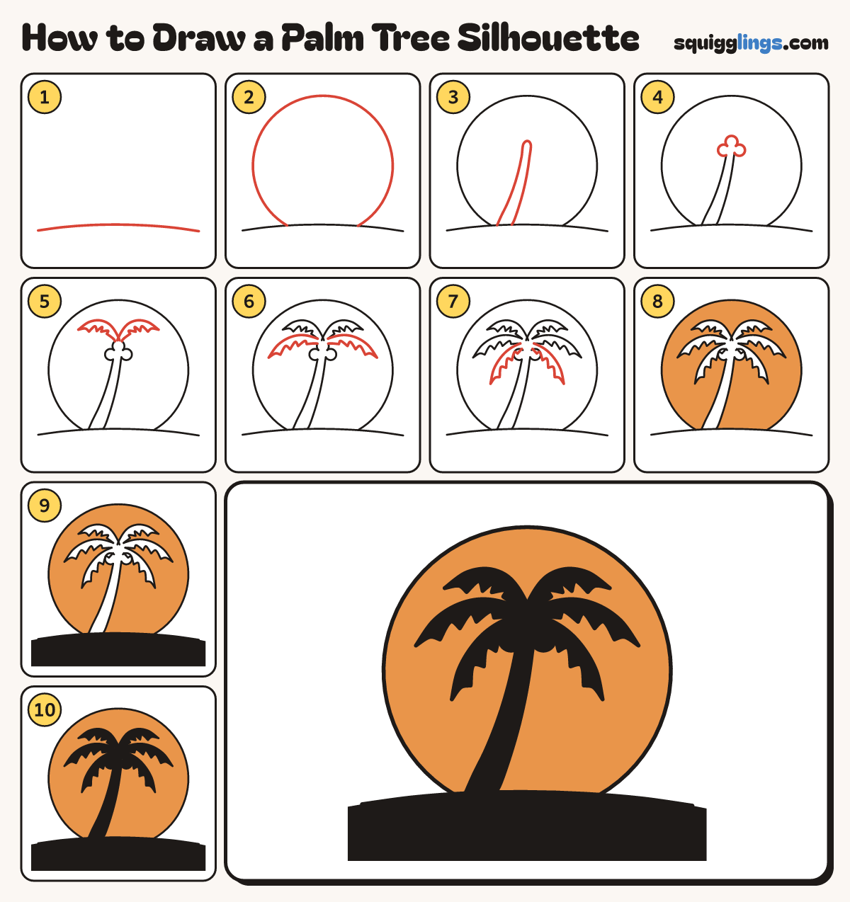 How to Draw a Palm Tree Silhouette step by step: all 10 steps in one picture
