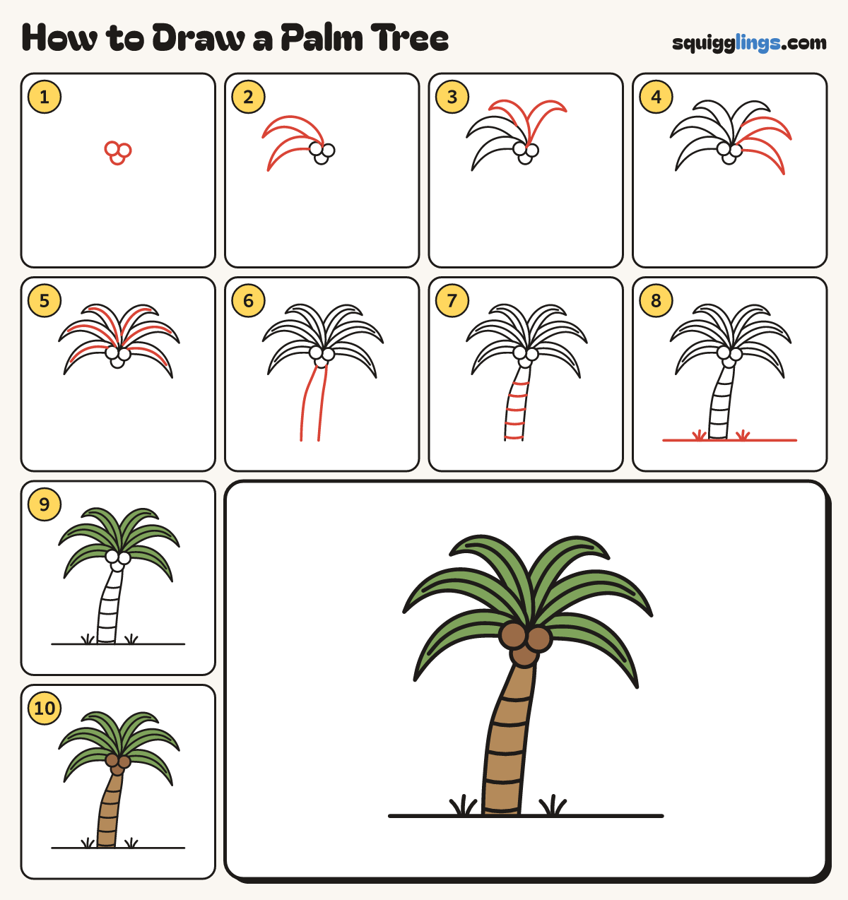 How to Draw a Palm Tree step by step: all 10 steps in one picture