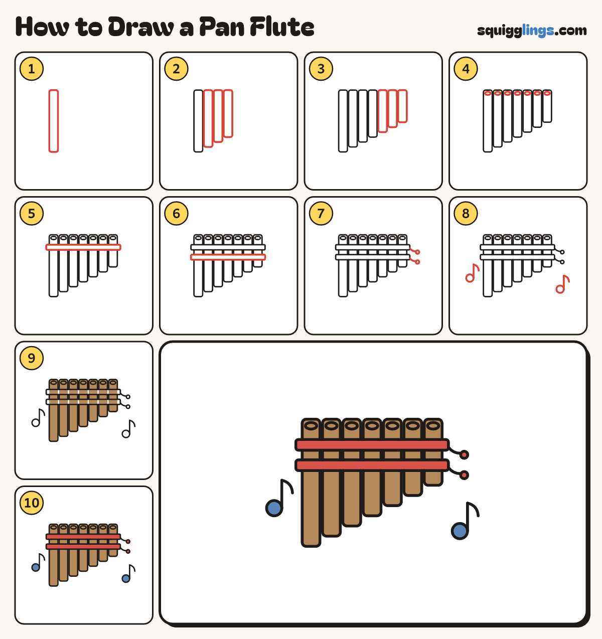 How to Draw a Pan Flute step by step: all 10 steps in one picture
