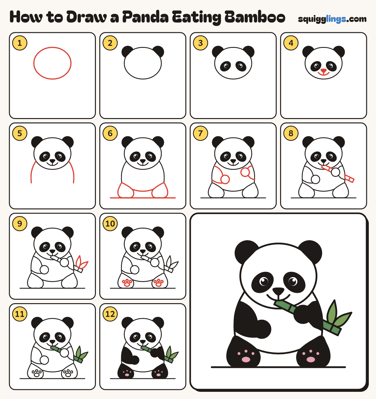 How to Draw a Panda Eating Bamboo step by step: all 12 steps in one picture