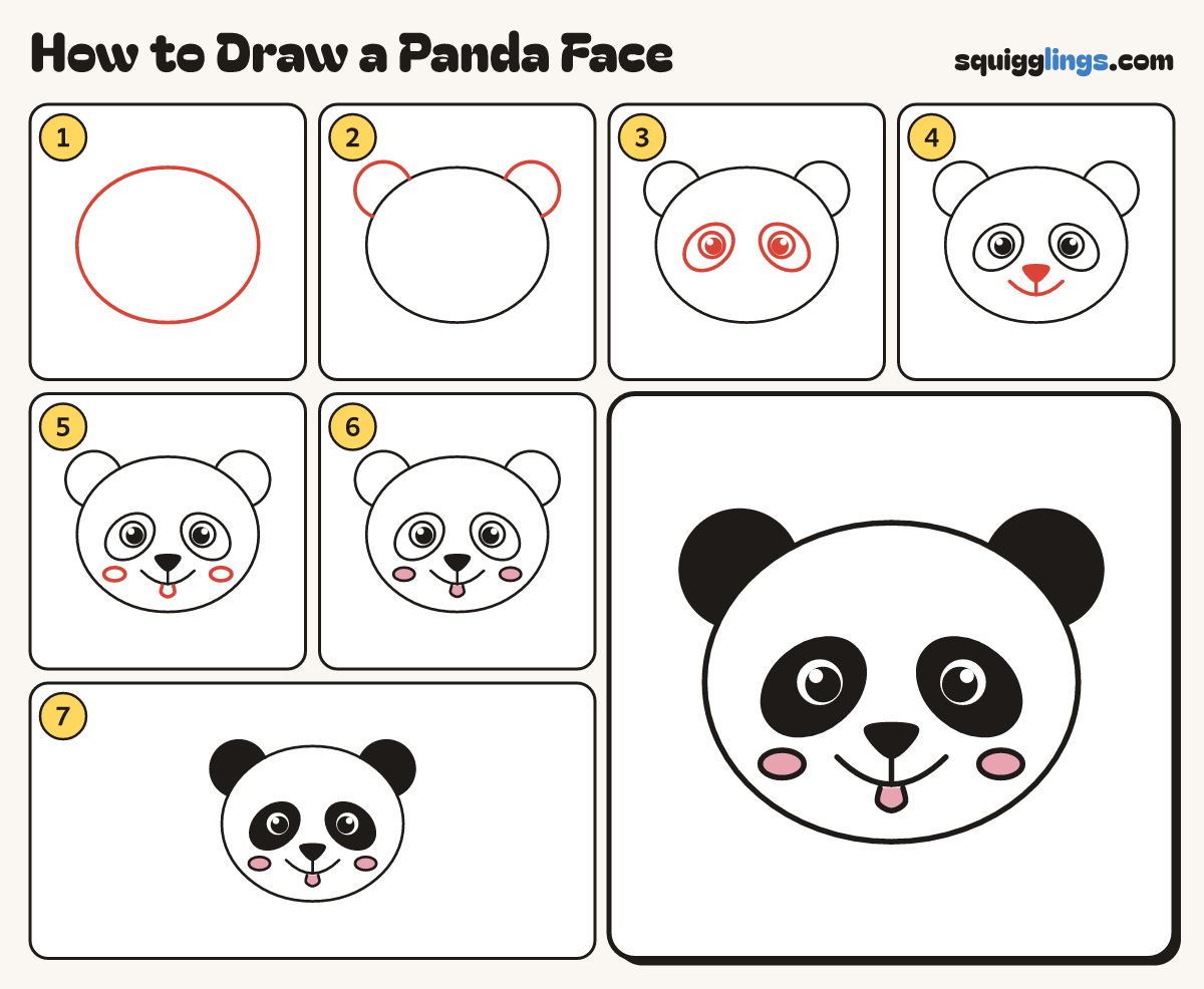 How to Draw a Panda Face step by step: all 7 steps in one picture
