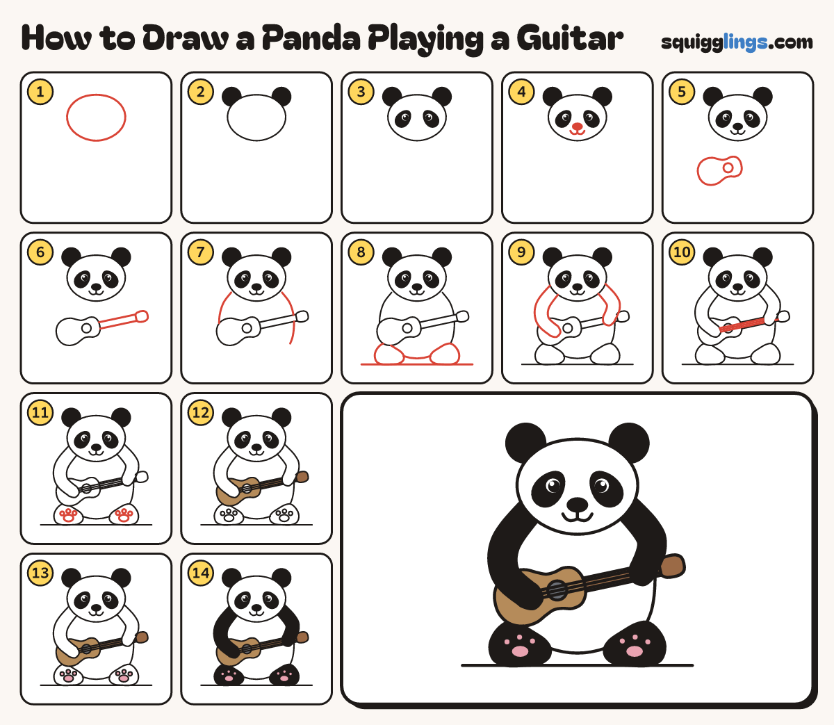 How to Draw a Panda Playing a Guitar step by step: all 14 steps in one picture