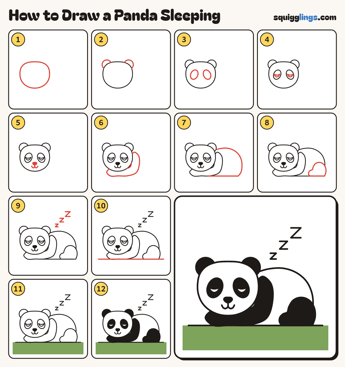 How to Draw a Panda Sleeping step by step: all 12 steps in one picture
