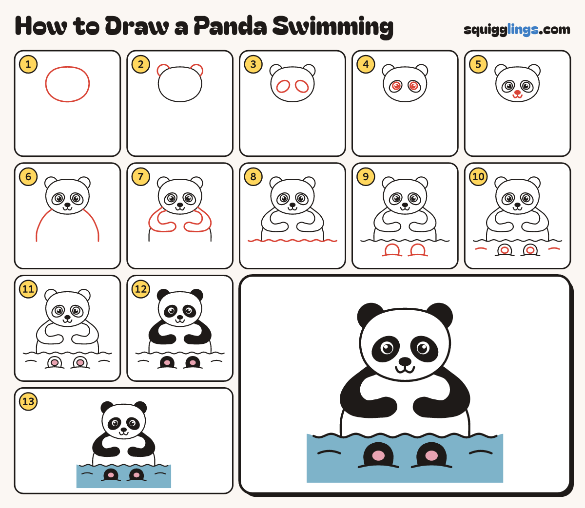 How to Draw a Panda Swimming step by step: all 13 steps in one picture
