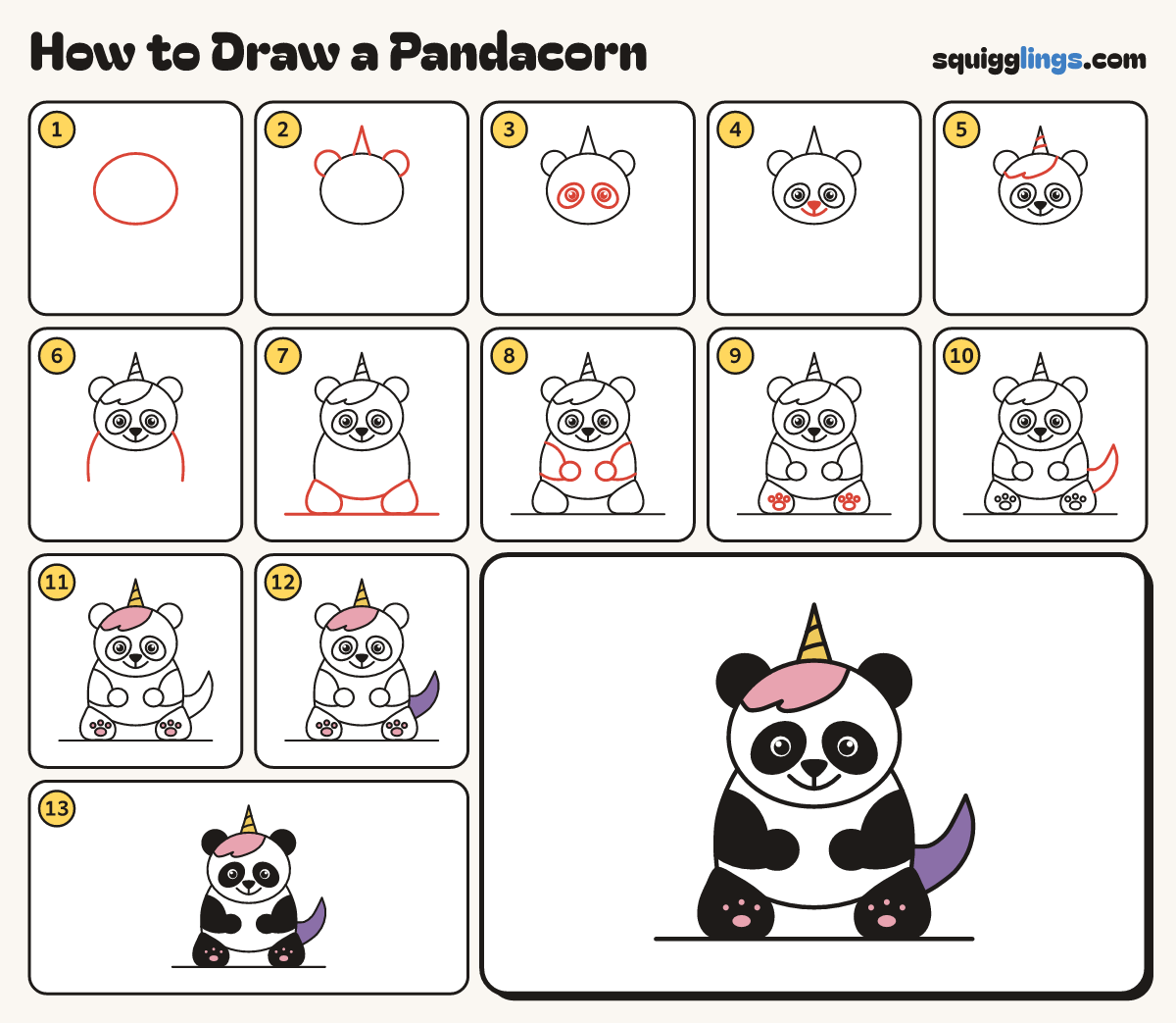 How to Draw a Pandacorn step by step: all 13 steps in one picture