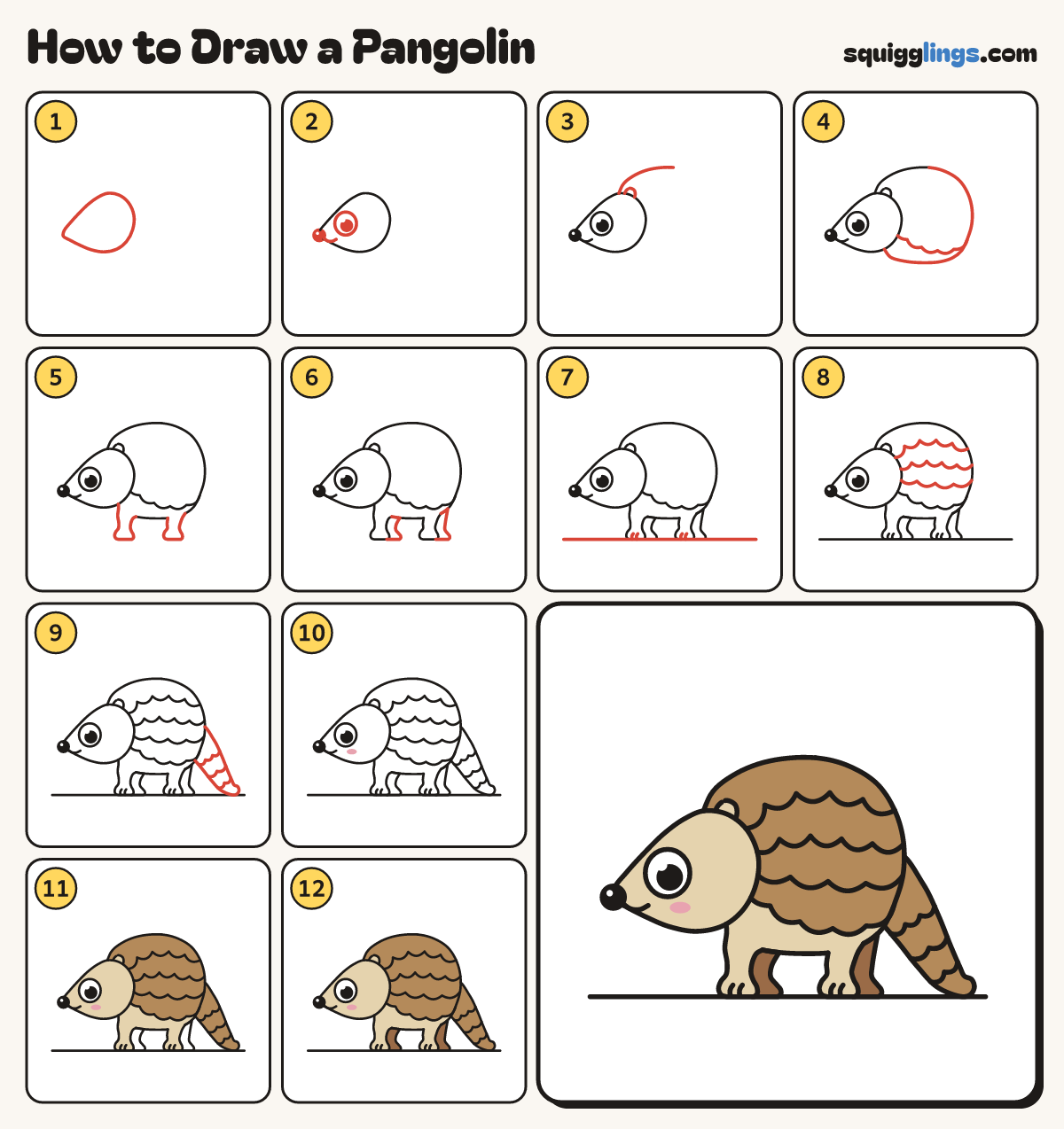 How to Draw a Pangolin step by step: all 12 steps in one picture