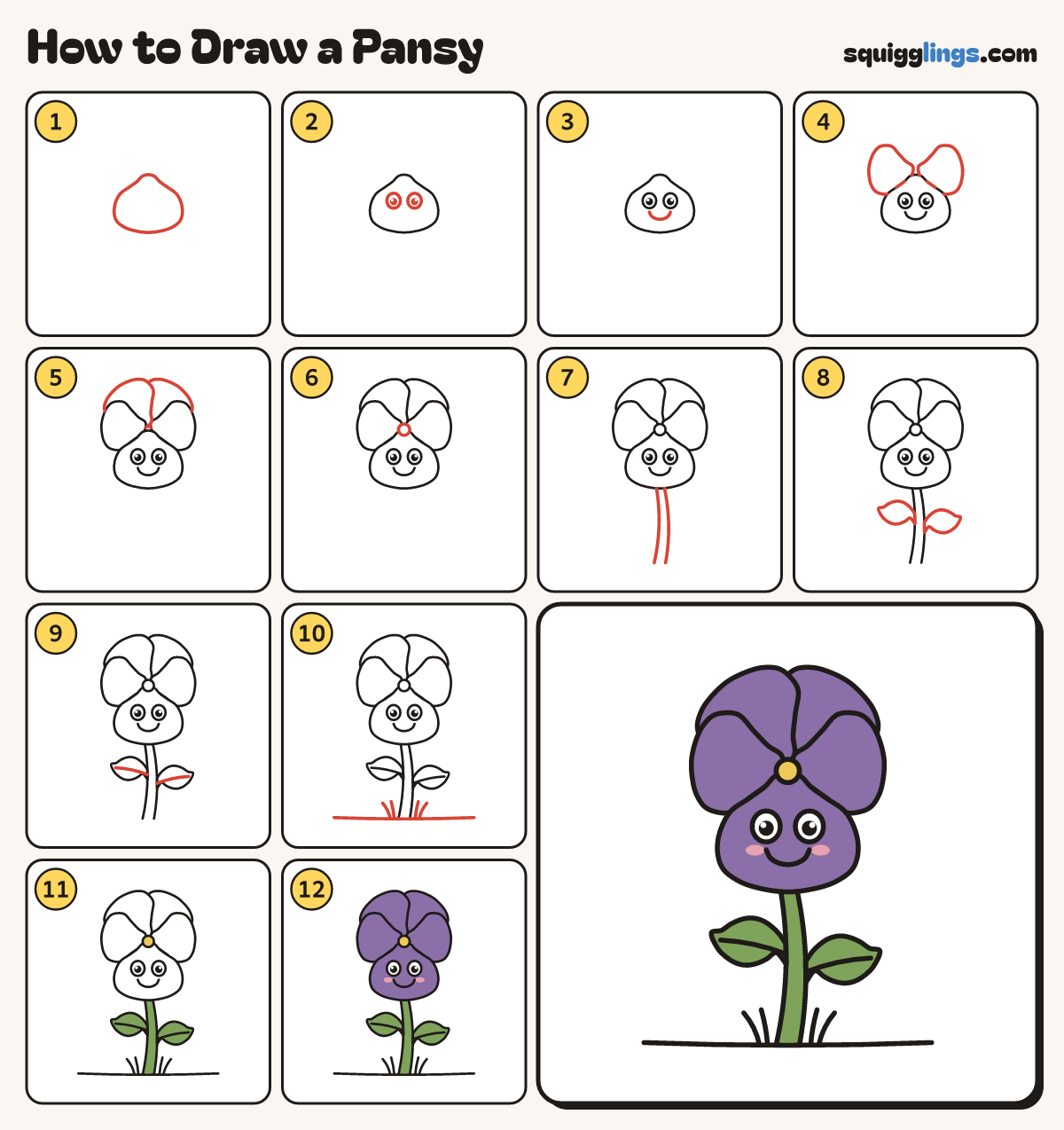 How to Draw a Pansy step by step: all 12 steps in one picture