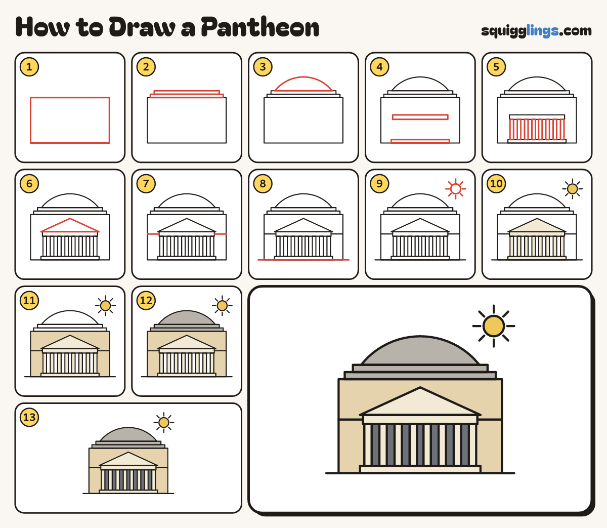 How to Draw a Pantheon step by step: all 13 steps in one picture