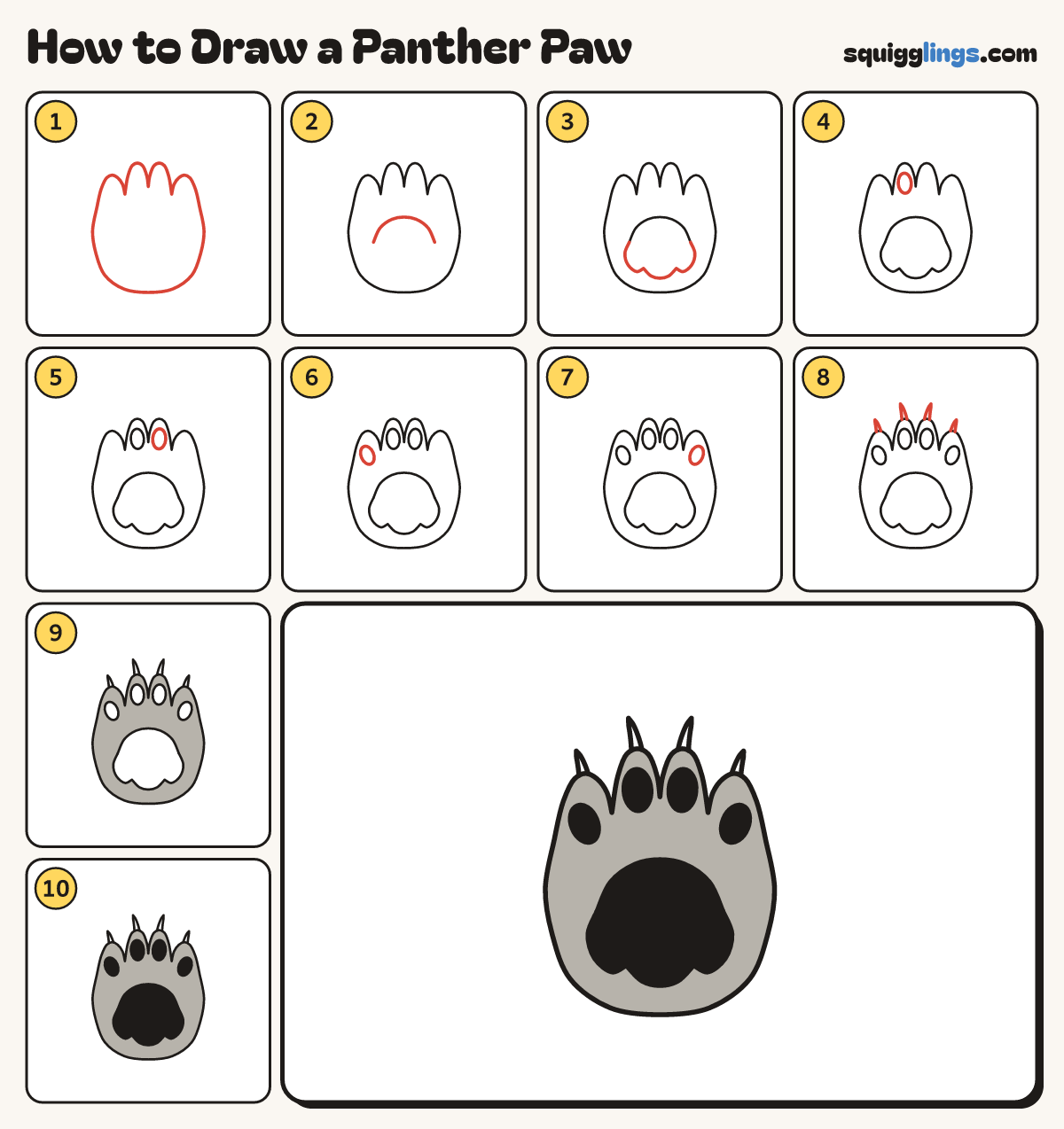 How to Draw a Panther Paw step by step: all 10 steps in one picture