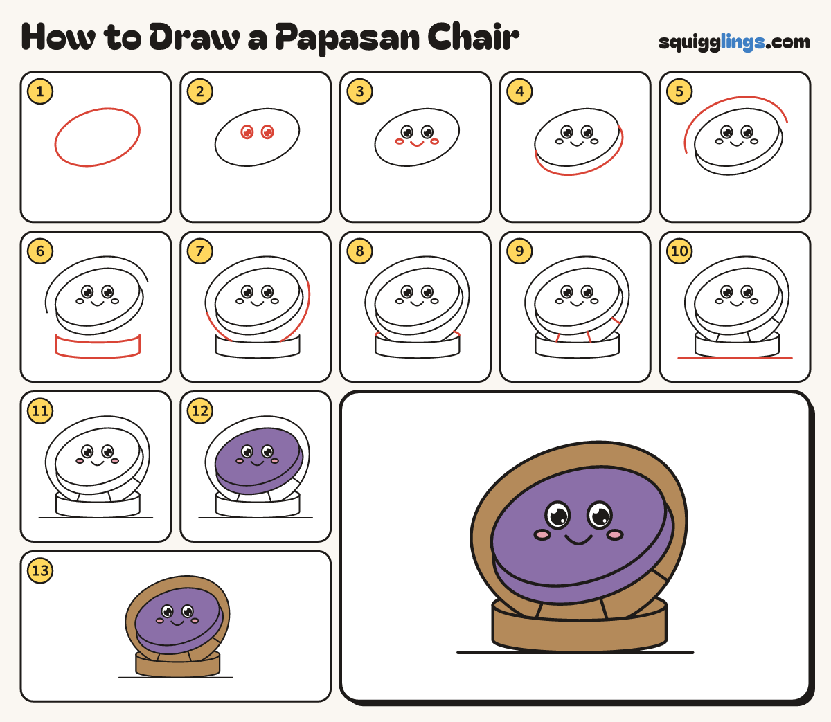 How to Draw a Papasan Chair step by step: all 13 steps in one picture