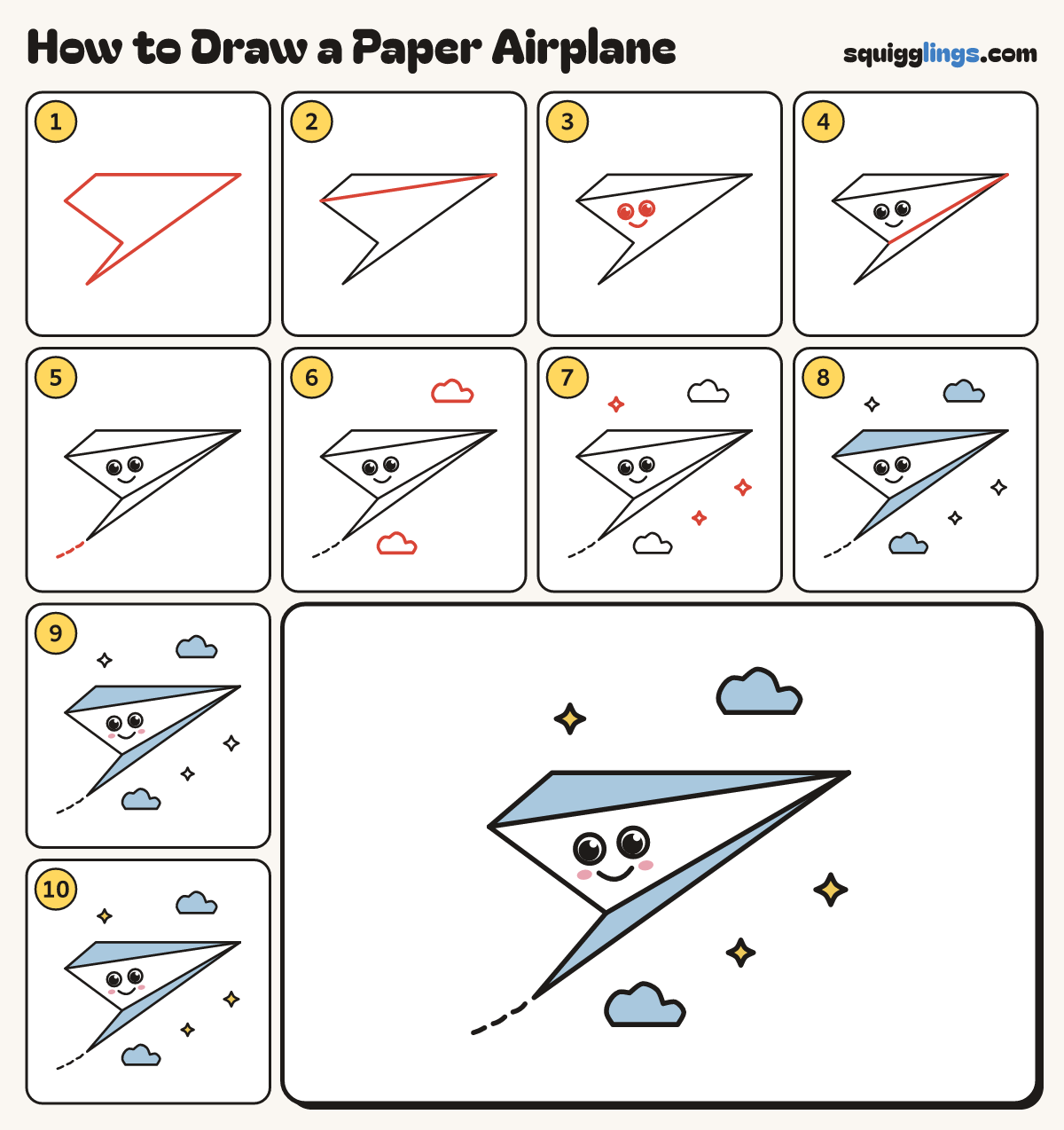 How to Draw a Paper Airplane step by step: all 10 steps in one picture