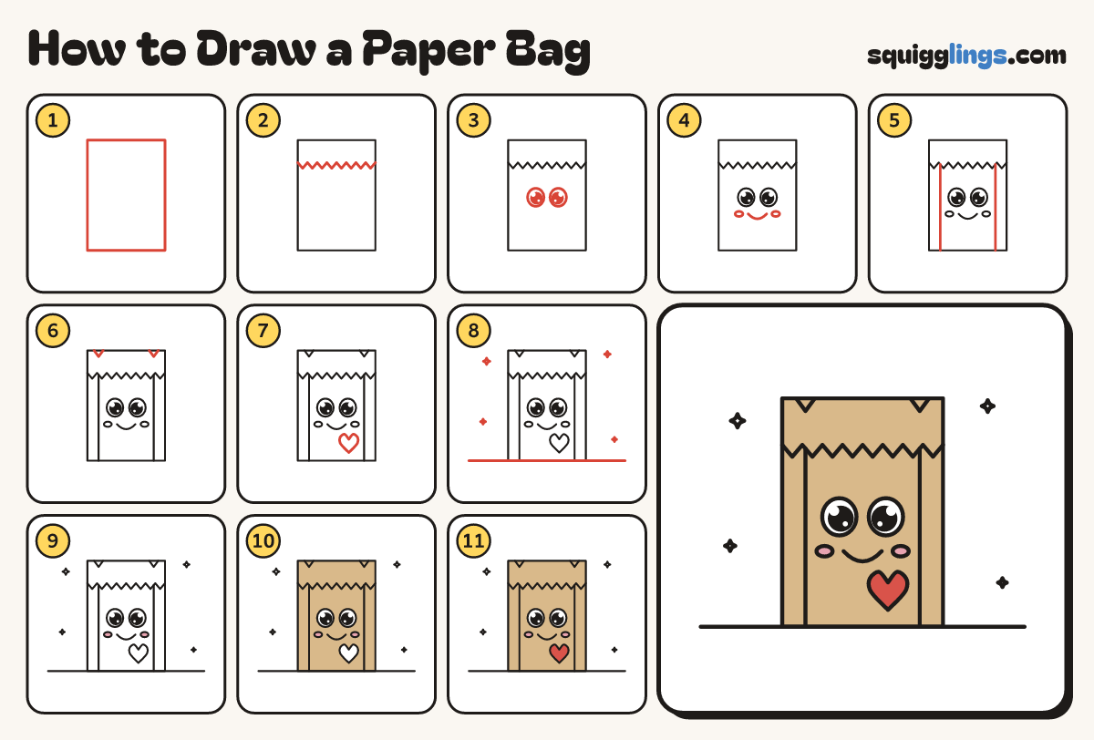 How to Draw a Paper Bag step by step: all 11 steps in one picture