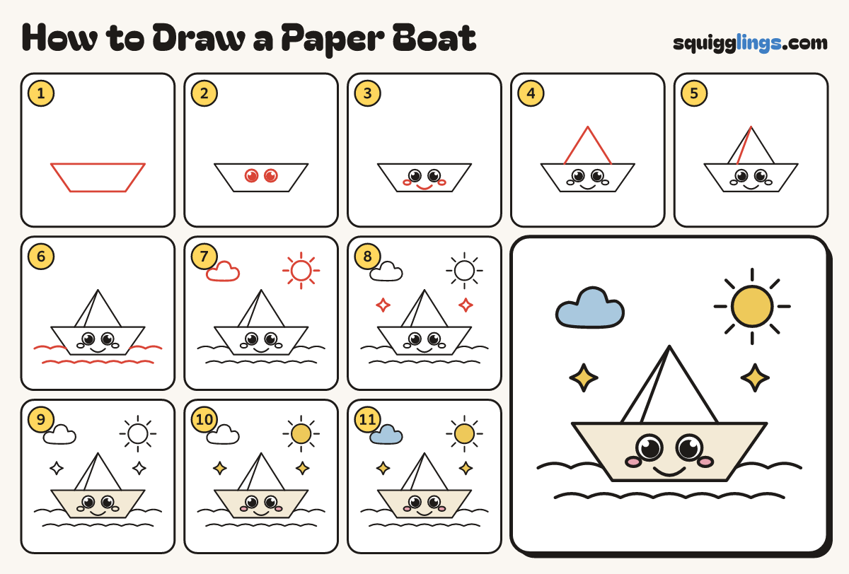 How to Draw a Paper Boat step by step: all 11 steps in one picture