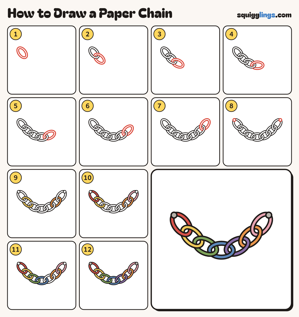 How to Draw a Paper Chain step by step: all 12 steps in one picture