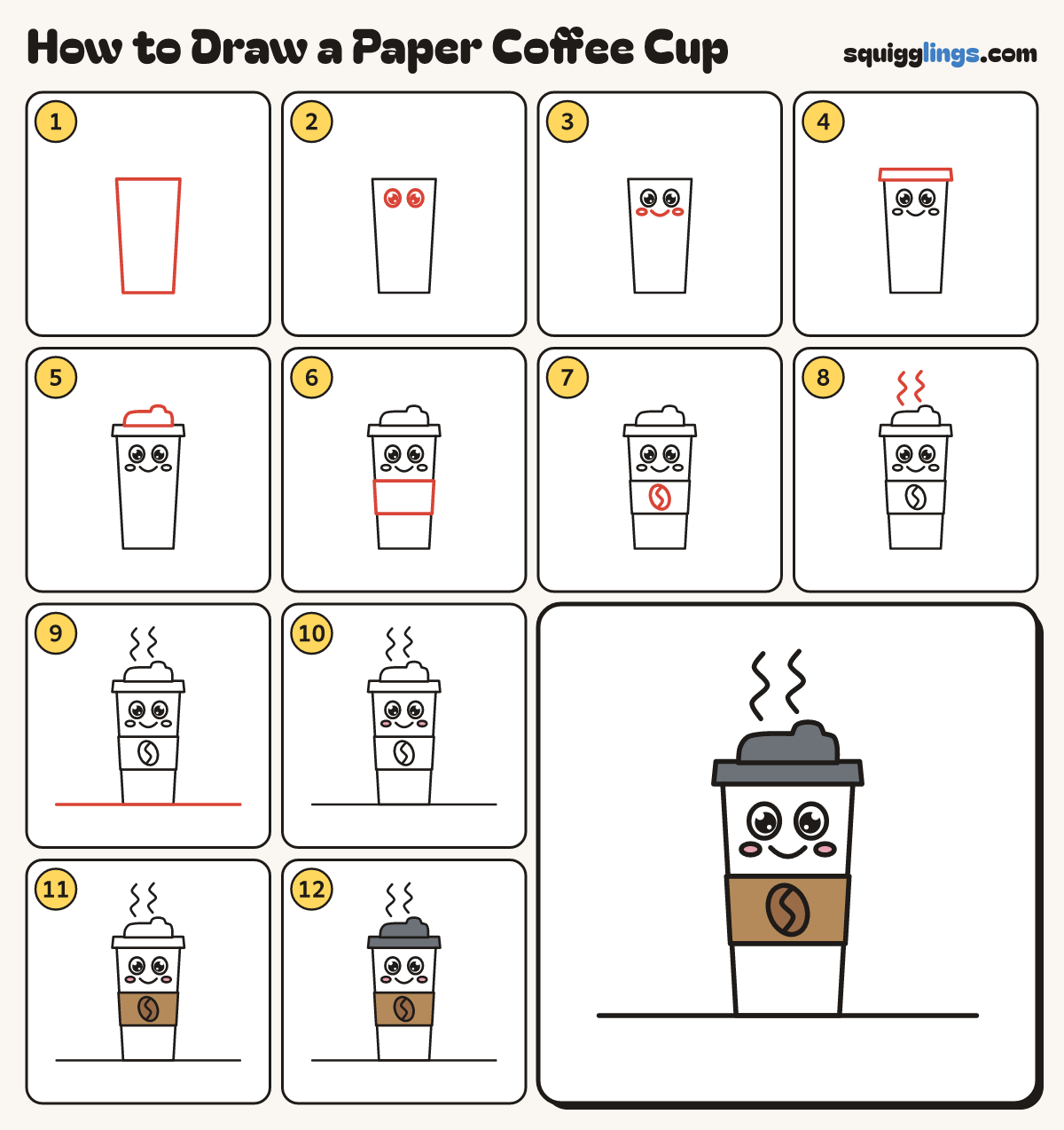 How to Draw a Paper Coffee Cup step by step: all 12 steps in one picture