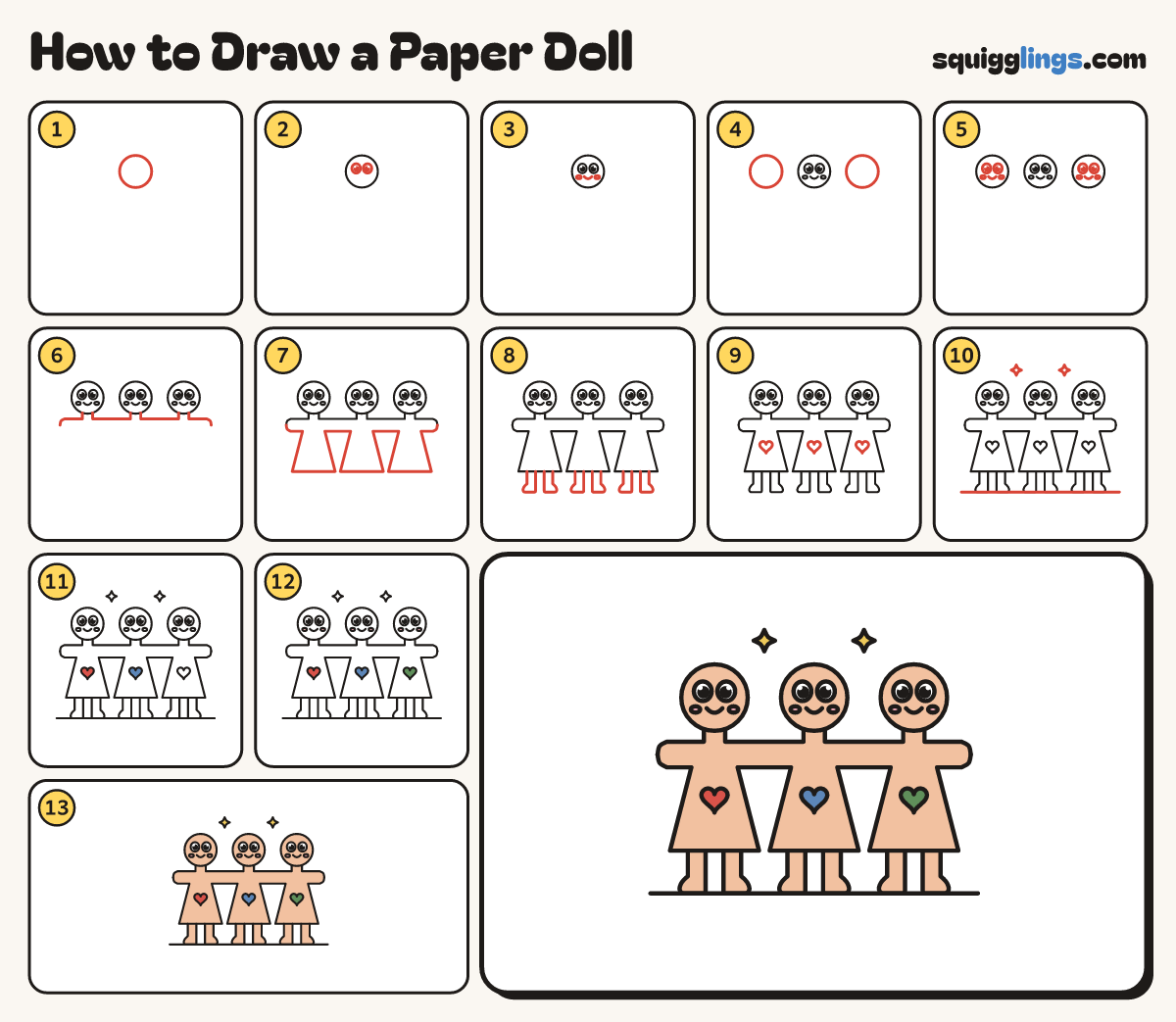 How to Draw a Paper Doll step by step: all 13 steps in one picture