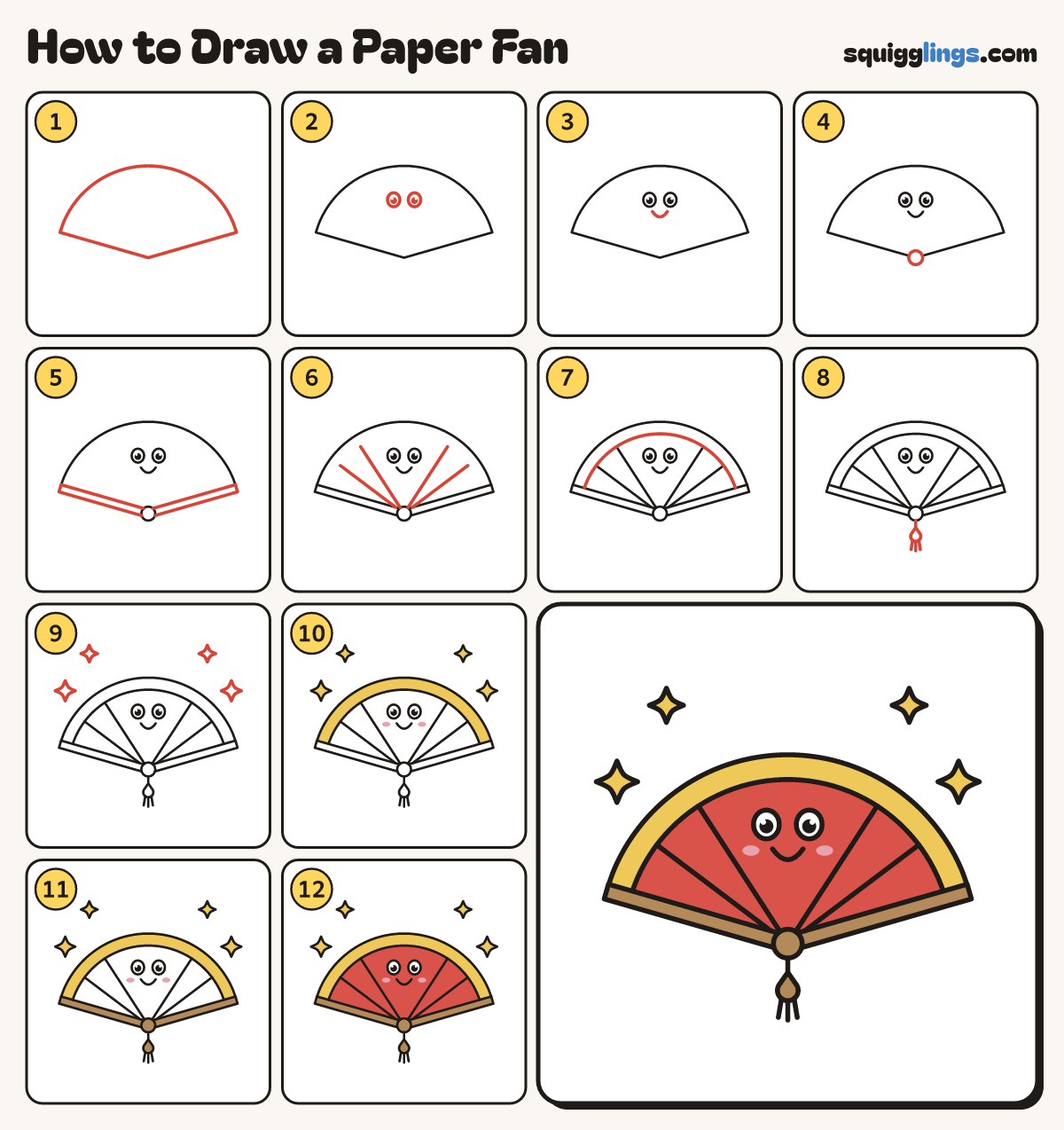 How to Draw a Paper Fan step by step: all 12 steps in one picture